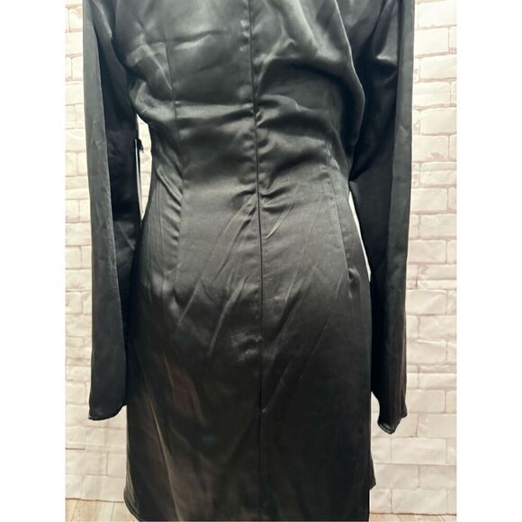 Black Cold Shoulder Long Sleeve Mini Dress Wrap V Neck Cocktail - Picture 12 of 14